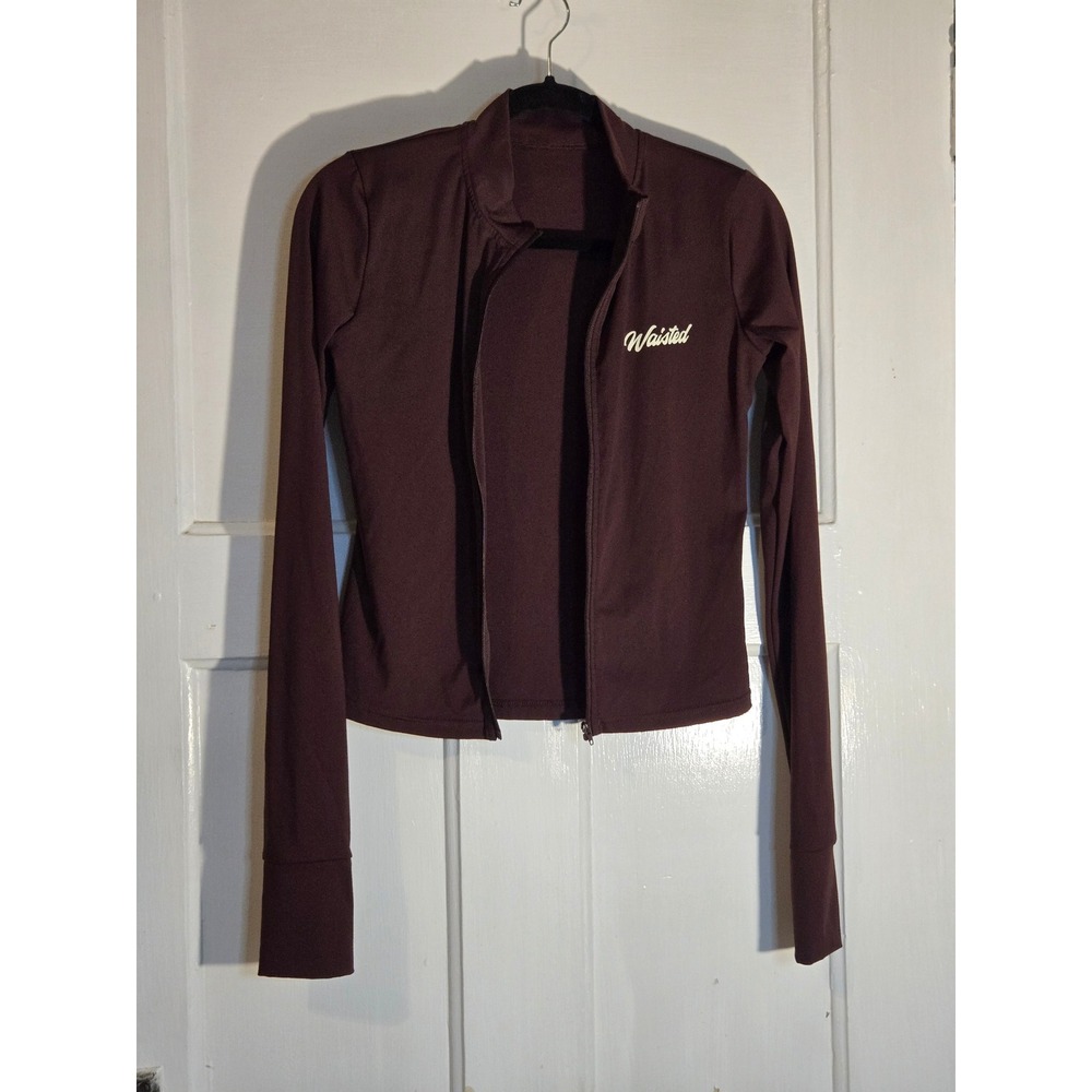 Waisted Women Brown Full Zip Athletic Jacket Mock Neck Thumbholes Size L